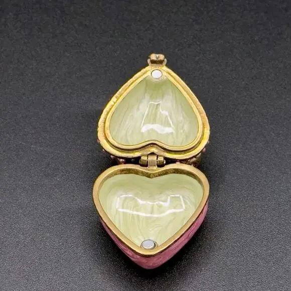 💖Luxury Pink Enamel Heart Trinket Box w/ Rhinestone Bow & Pearls Fabergé Style - Picture 5 of 8